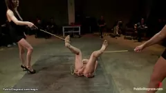 Jouer Princesse blonde aux gros seins enfermée dans une cage tout en étant pelotée et dominée par un groupe d'hommes pervers